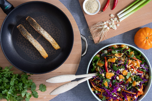 Asian-inspired Mandarin salad with crispy-skinned salmon