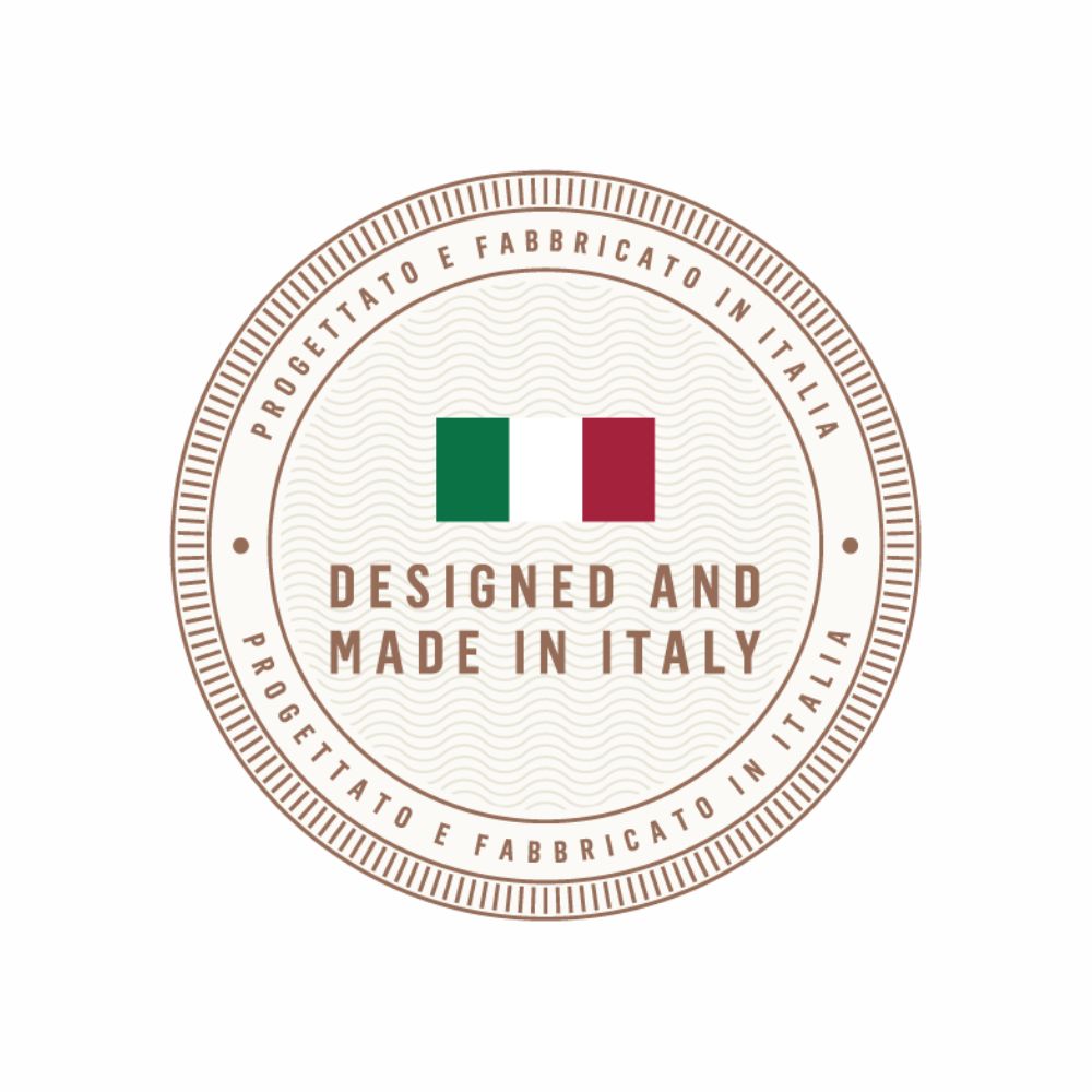 A circular seal with the Italian flag stating Designed and Made in Italy for cookware.