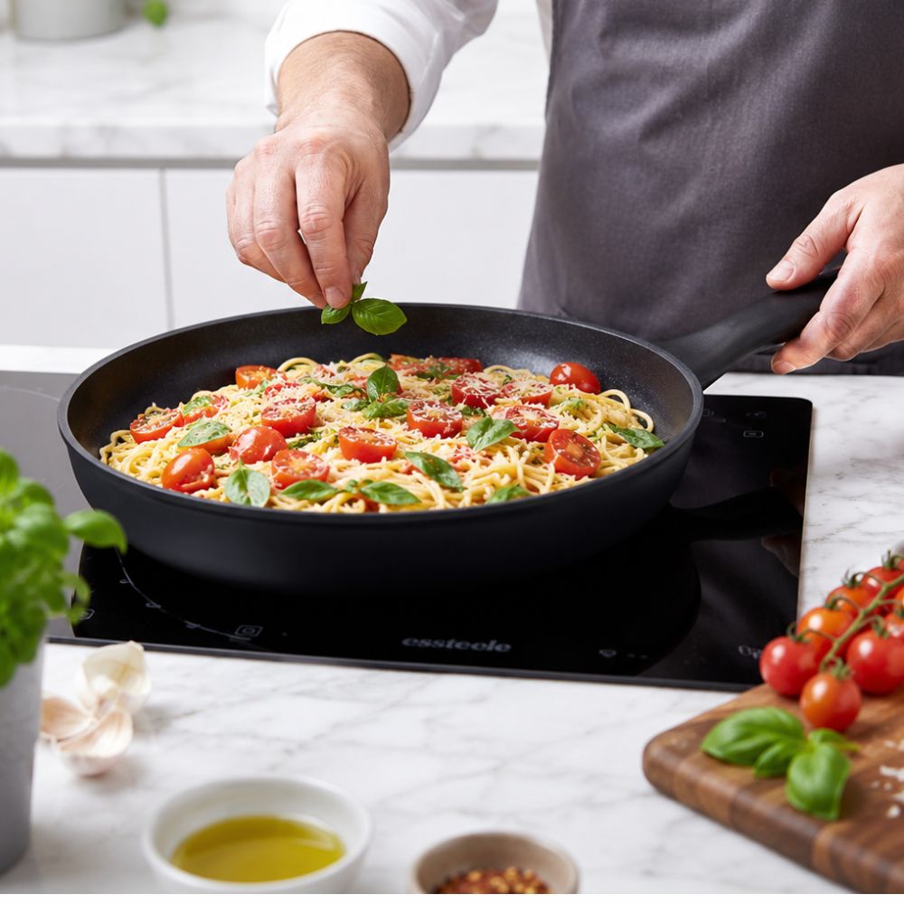 A chef garnishing pasta in an Essteele Per Domani Ceramic skillet on an induction cooktop.