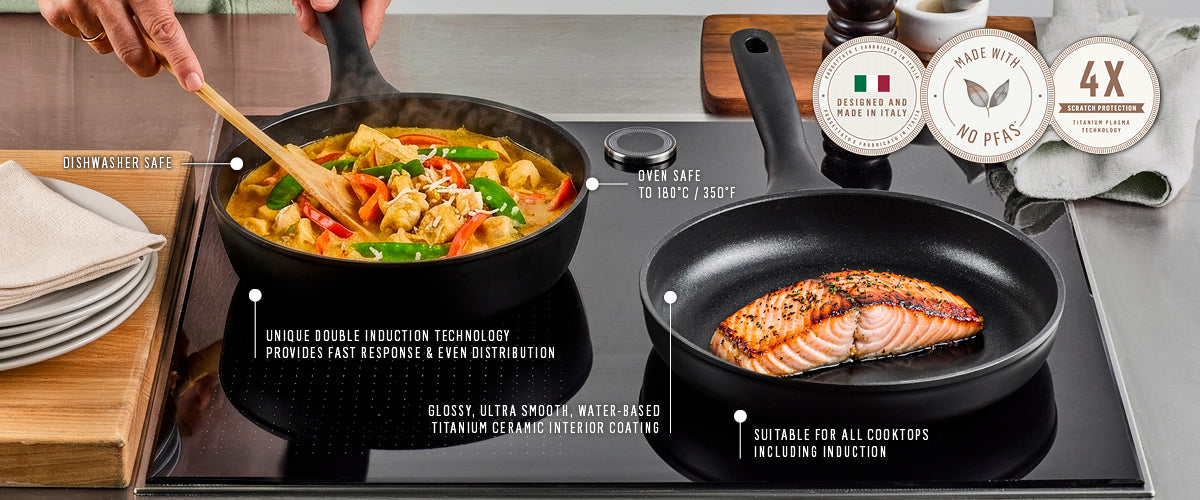 Essteele Per Domani Ceramic pans showing Titan Plasma Technology and induction compatibility features.