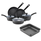 Set of black cookware including pans and a roasting pan on a white background