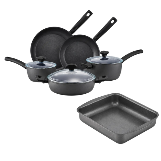 Set of black cookware including pans and a roasting pan on a white background